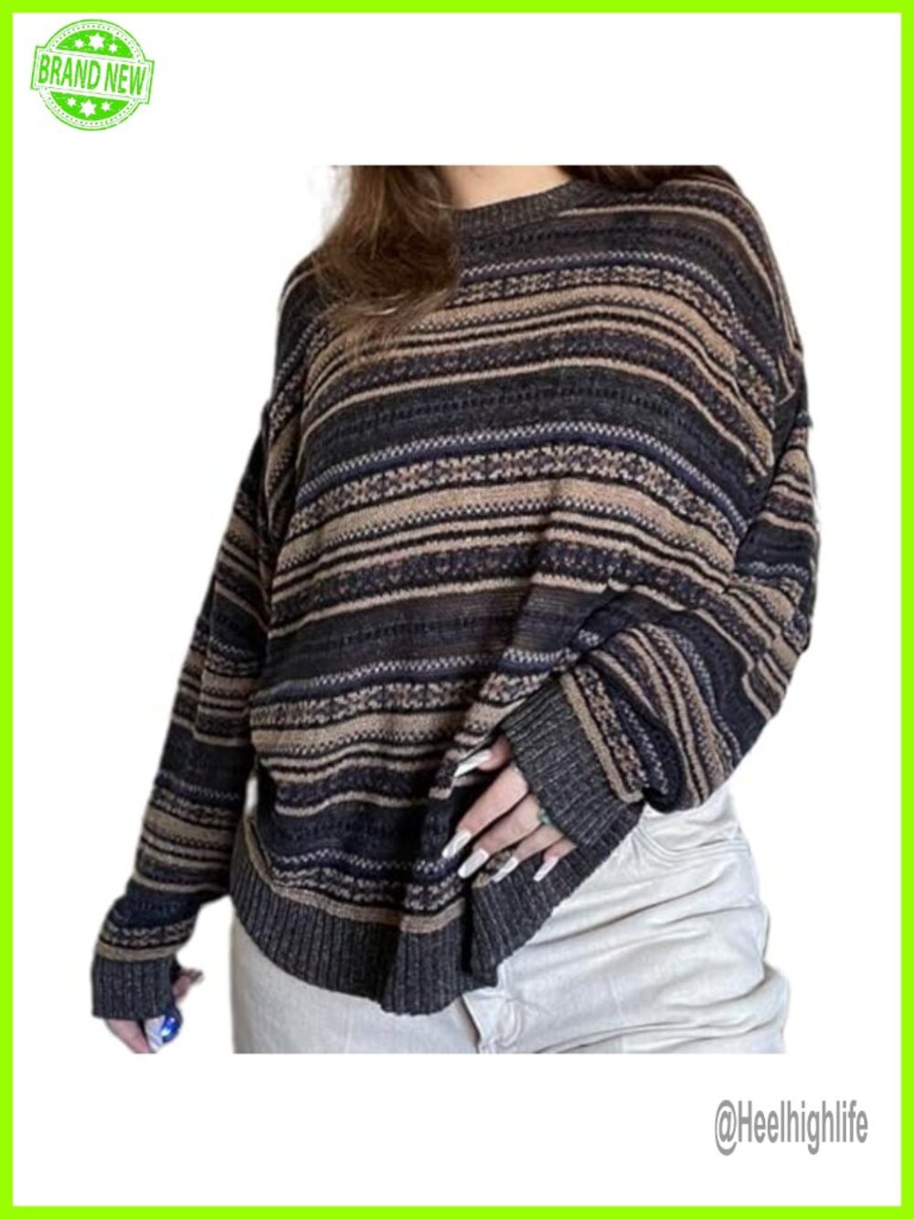 Women's Vintage Striped Pullover Sweater Long Sleeve Crew Neck Loose Knit